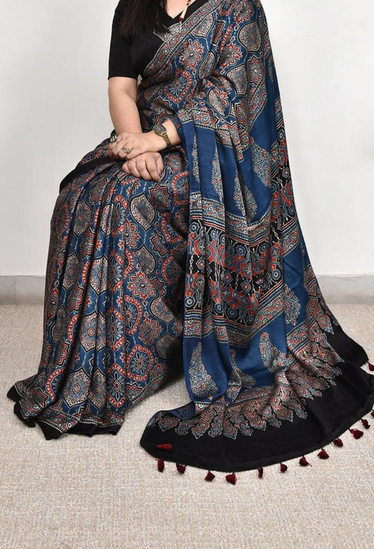 Blue Ajrakh Printed Silk Saree