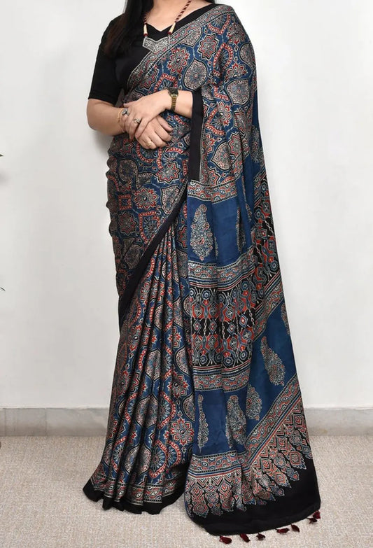 Blue Ajrakh Printed Silk Saree