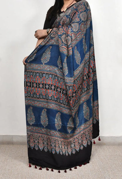 Blue Ajrakh Printed Silk Saree