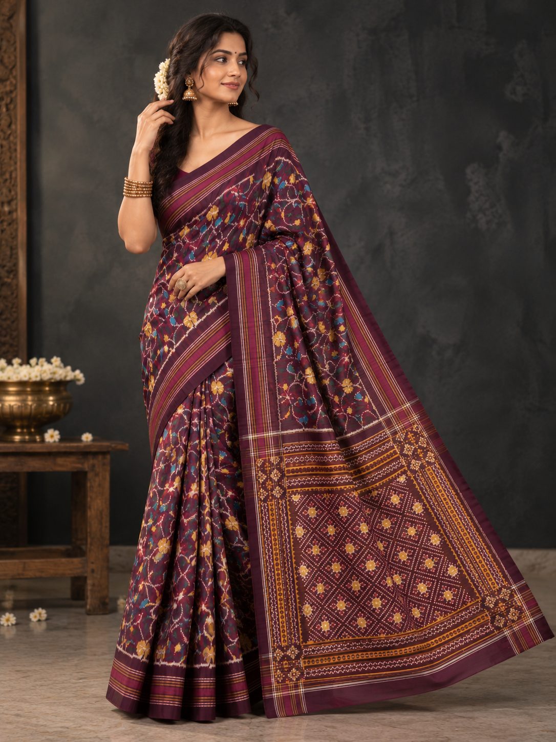 Deep Plum Patola Saree with Traditional Floral Motifs and Gold Zari Pallu