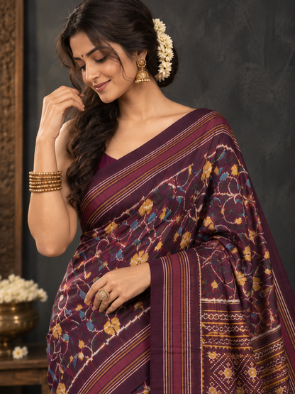 Deep Plum Patola Saree with Traditional Floral Motifs and Gold Zari Pallu