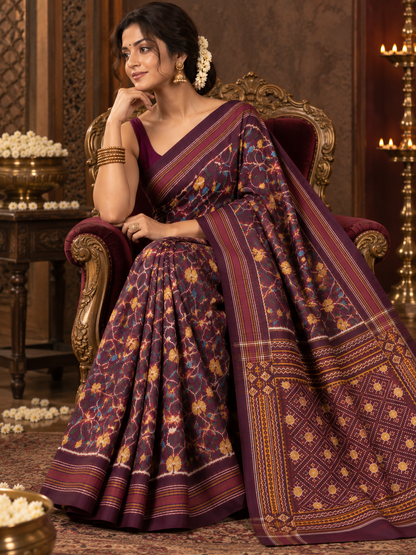 Deep Plum Patola Saree with Traditional Floral Motifs and Gold Zari Pallu