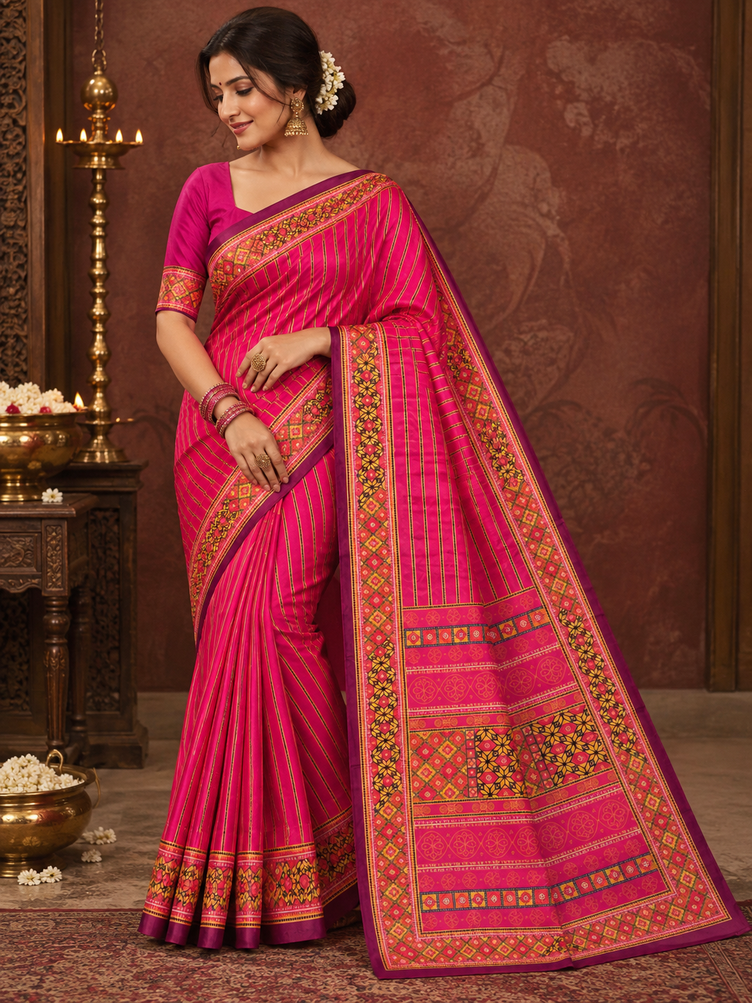 Pink Pochampally Ikkat Silk Saree with Traditional Printed Border