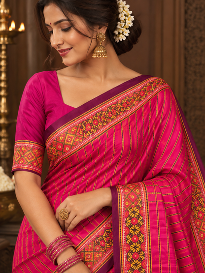 Pink Pochampally Ikkat Silk Saree with Traditional Printed Border