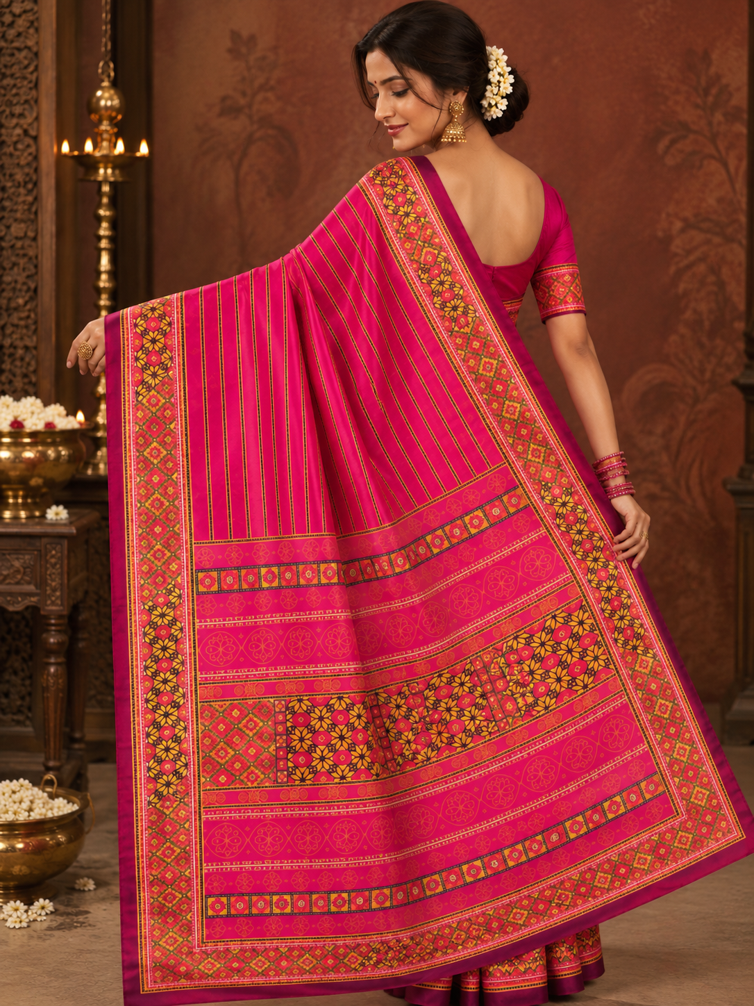 Pink Pochampally Ikkat Silk Saree with Traditional Printed Border