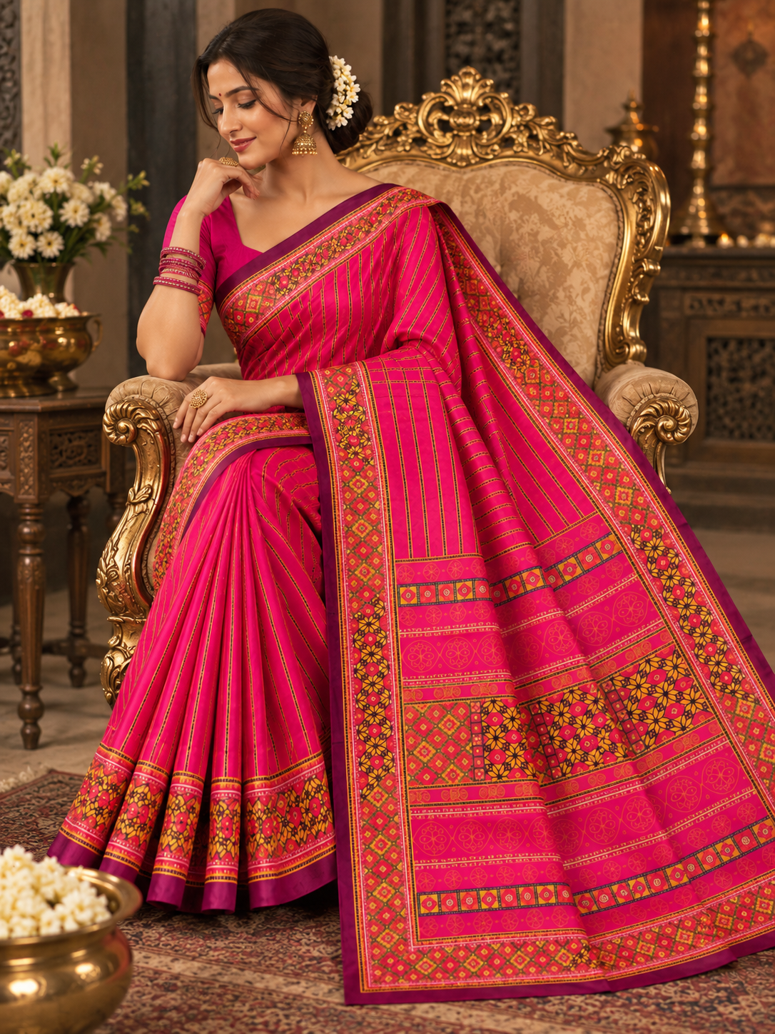 Pink Pochampally Ikkat Silk Saree with Traditional Printed Border