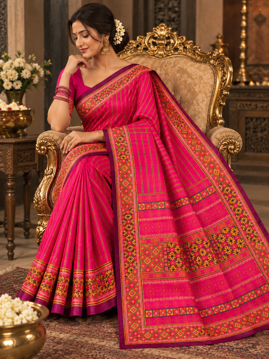 Pink Pochampally Ikkat Silk Saree with Traditional Printed Border