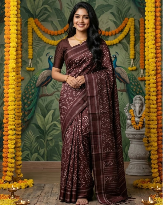 Deep Chocolate Brown Pochampally Ikkat Silk Saree Silver Zari