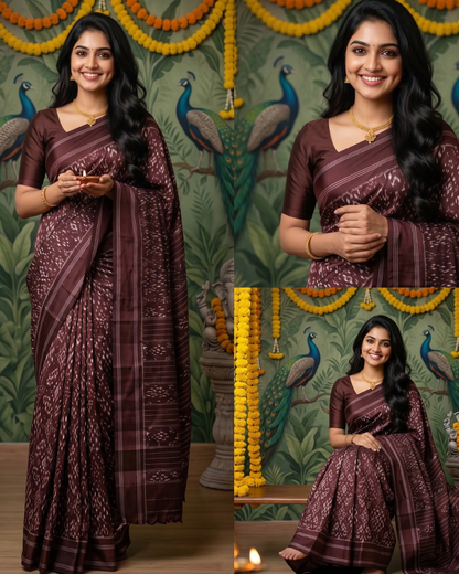 Deep Chocolate Brown Pochampally Ikkat Silk Saree Silver Zari