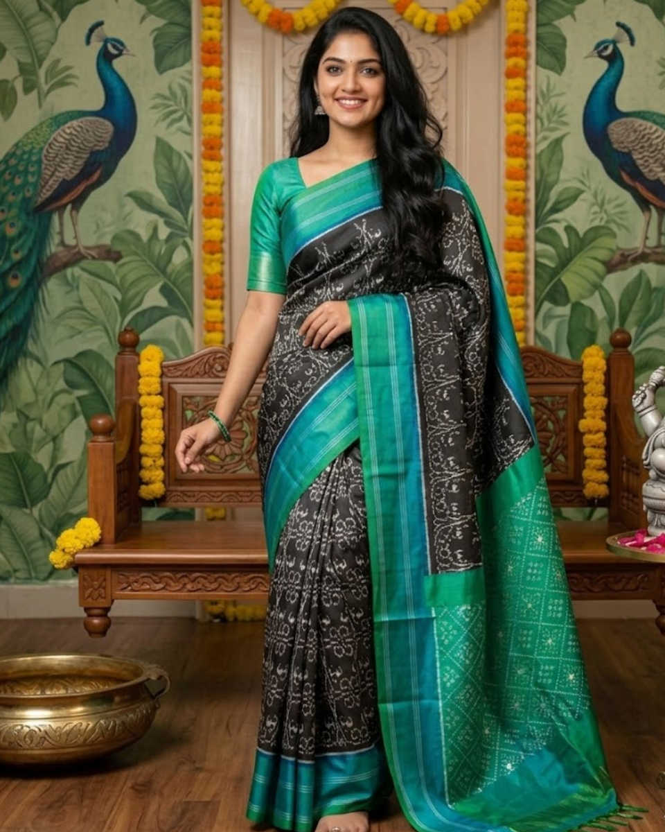 Black and Sea Green Pochampally Ikkat Pure Silk Saree