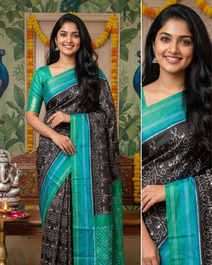 Black and Sea Green Pochampally Ikkat Pure Silk Saree