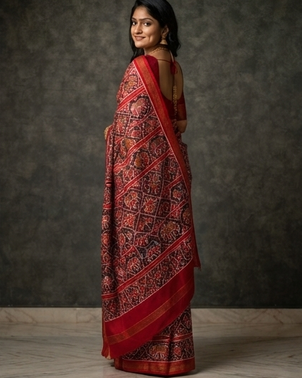 Deep Maroon Patola Saree with Traditional Chariot and Animal Motifs