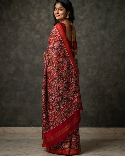 Deep Maroon Patola Saree with Traditional Chariot and Animal Motifs