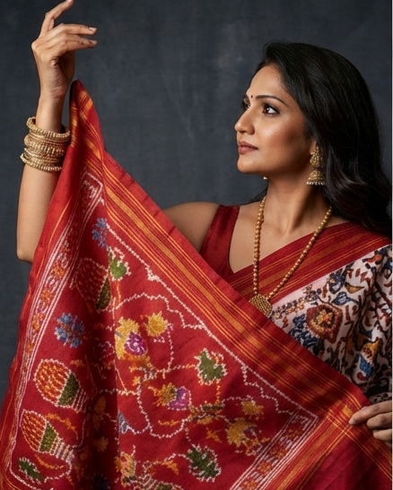 Off-White and Maroon Patola Saree with Traditional Animal Motifs and Floral Pallu
