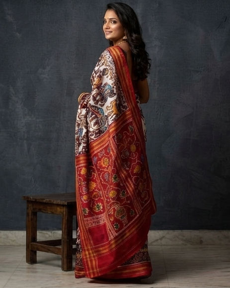 Off-White and Maroon Patola Saree with Traditional Animal Motifs and Floral Pallu