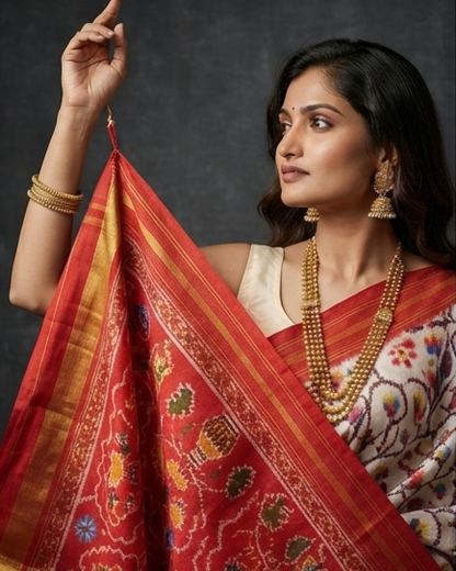 Off-White and Multi-Color Patola Saree with Traditional Floral Motifs and Rich Red Pallu