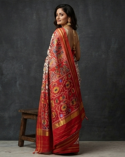 Off-White and Multi-Color Patola Saree with Traditional Floral Motifs and Rich Red Pallu