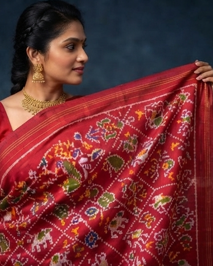 Red and Multi-Color Patola Saree with Traditional Animal and Folk Motifs, Rich Pallu, and Temple Set Styling
