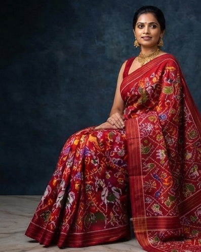 Red and Multi-Color Patola Saree with Traditional Animal and Folk Motifs, Rich Pallu, and Temple Set Styling
