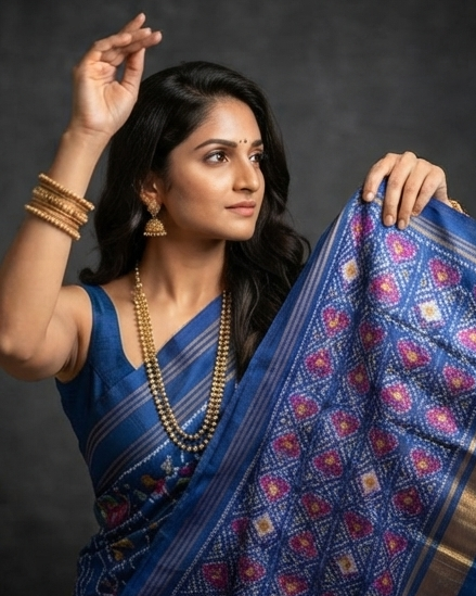 Royal Blue Patola Saree with Traditional Peacock and Floral Motifs and Zari Pallu