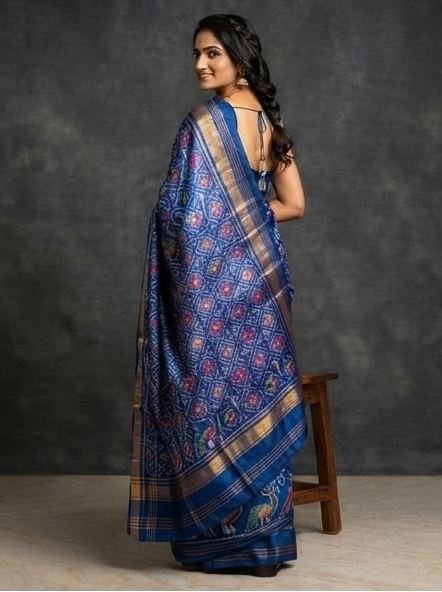Royal Blue Patola Saree with Traditional Peacock and Floral Motifs and Zari Pallu