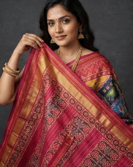 Multicolored Patola Saree with Traditional Animal Motifs and Rich Red Pallu