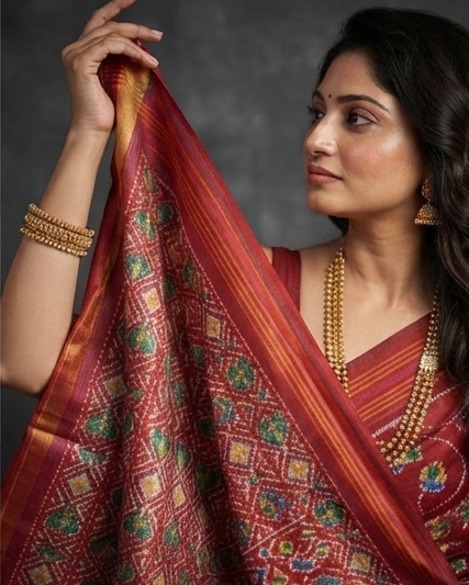 Maroon Patola Saree with Intricate Floral and Bird Motifs and Rich Gold Zari Pallu