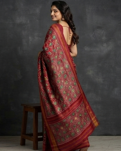 Maroon Patola Saree with Intricate Floral and Bird Motifs and Rich Gold Zari Pallu