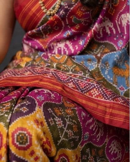 Magenta and Multi-Color Patola Saree with Geometric Compartment Weaving and Rich Red Pallu