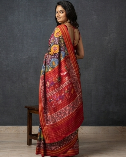 Magenta and Multi-Color Patola Saree with Geometric Compartment Weaving and Rich Red Pallu