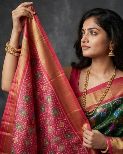 Green and Pink Patola Saree with Traditional Floral Motifs and Rich Magenta Zari Pallu