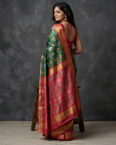 Green and Pink Patola Saree with Traditional Floral Motifs and Rich Magenta Zari Pallu