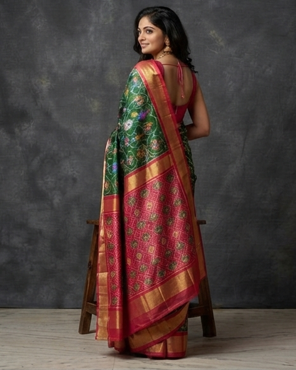 Green and Pink Patola Saree with Traditional Floral Motifs and Rich Magenta Zari Pallu