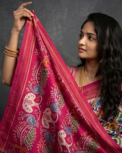 White and Pink Patola Saree with Vibrant Floral Motifs and Rich Pink Pallu
