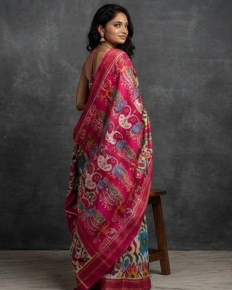 White and Pink Patola Saree with Vibrant Floral Motifs and Rich Pink Pallu