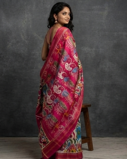 White and Pink Patola Saree with Vibrant Floral Motifs and Rich Pink Pallu
