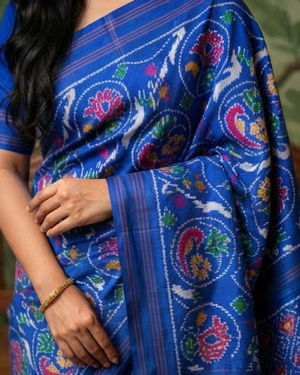 Royal Blue Patola Saree with Intricate Multi-Color Floral Motifs and Zari Borders