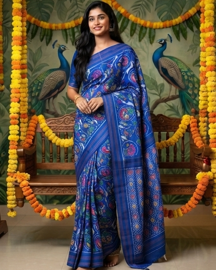Royal Blue Patola Saree with Intricate Multi-Color Floral Motifs and Zari Borders