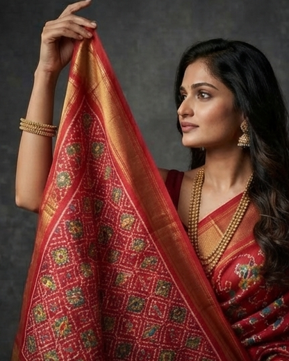 Classic Red Patola Saree with Traditional Floral and Bird Motifs and Rich Gold Zari Pallu
