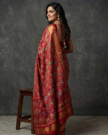 Classic Red Patola Saree with Traditional Floral and Bird Motifs and Rich Gold Zari Pallu