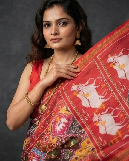 Multicolor Patola Saree with Red Chariot & Animal Motifs Pallu