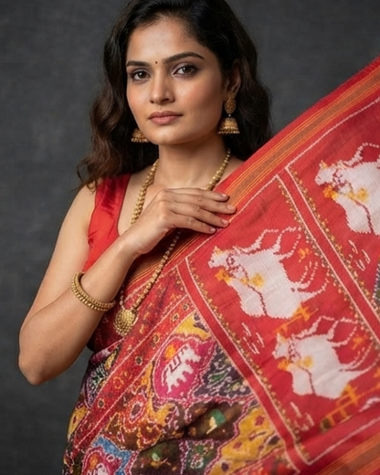 Multicolor Patola Saree with Red Chariot & Animal Motifs Pallu