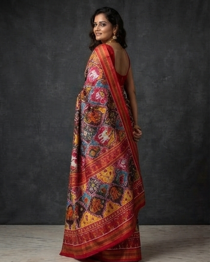 Multicolor Patola Saree with Red Chariot & Animal Motifs Pallu