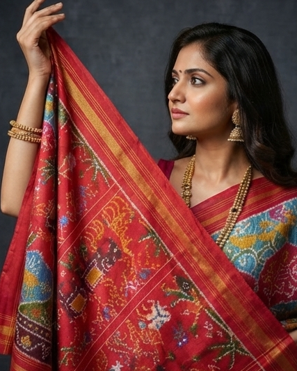 Multi-Color Patola Saree with Traditional Elephant and Floral Motifs and Rich Red Pallu