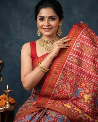 Red, Yellow, and Blue Patola Saree with Traditional Motifs, Rich Pallu, and Temple Set Styling