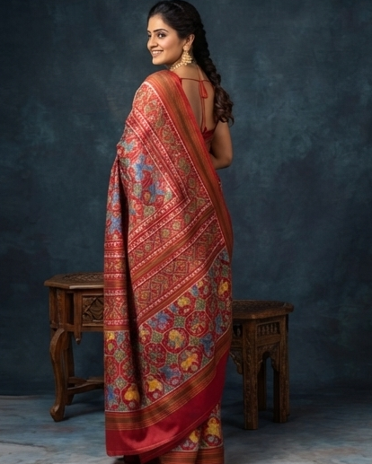 Red, Yellow, and Blue Patola Saree with Traditional Motifs, Rich Pallu, and Temple Set Styling