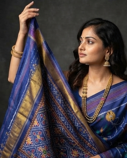Deep Blue and Purple Patola Saree with Floral Ikat Motifs and Gold Zari Pallu