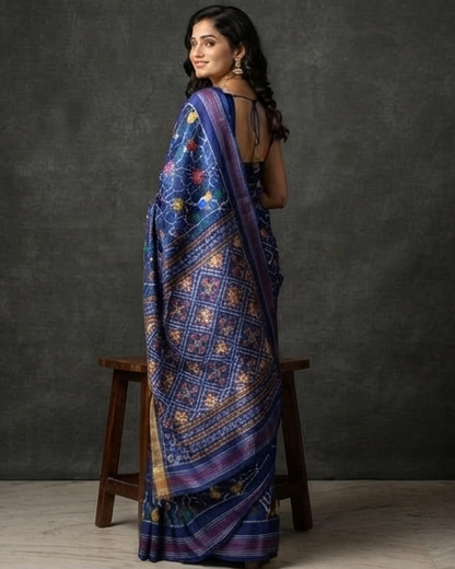 Deep Blue and Purple Patola Saree with Floral Ikat Motifs and Gold Zari Pallu