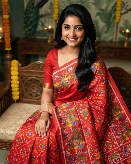Vibrant Red Printed Saree with Floral Borders