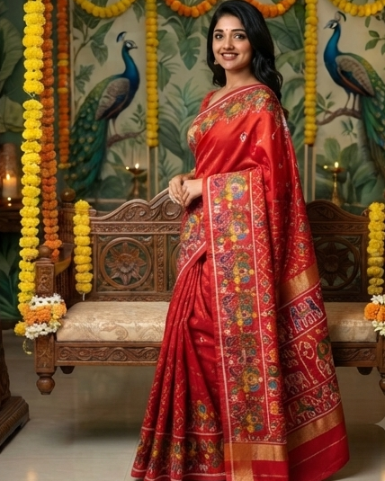 Vibrant Red Printed Saree with Floral Borders